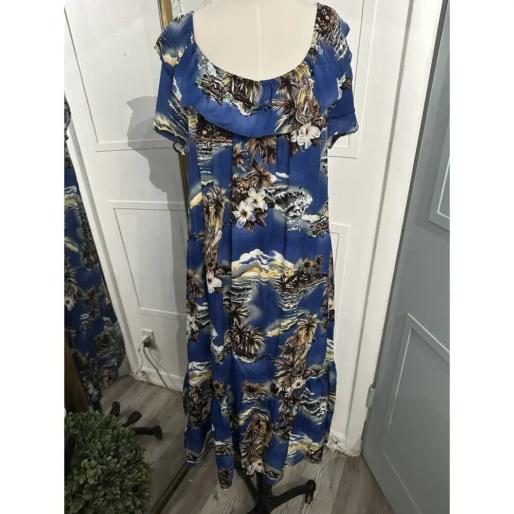 VINTAGE Hilo Hattie Women Dress Large Blue Floral Hawaiian Maxi Made in Hawaii - Picture 7 of 10
